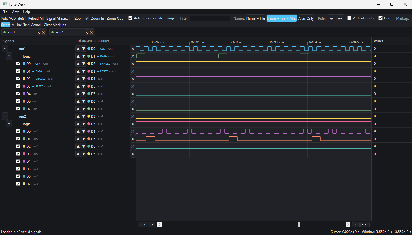 Pulse Deck showing signals from two VCD captures on one time axis